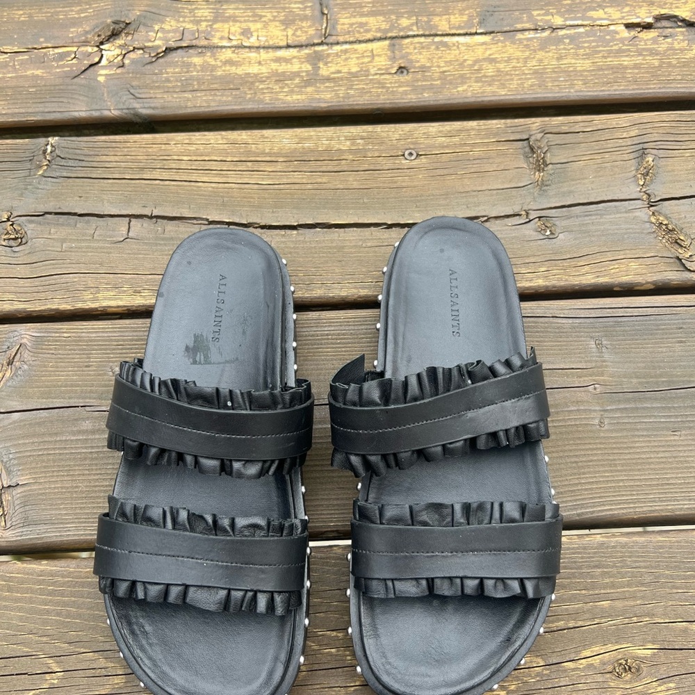 ALLSAINTS Black Ruffle Slide Sandals. Size 38